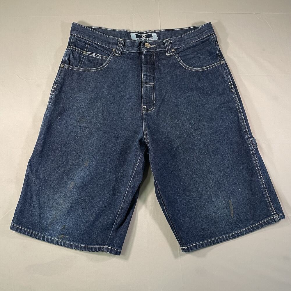 VTG Southpole Denim Jean Shorts Size 34 Baggy Blue Grunge Embroidered Y2K